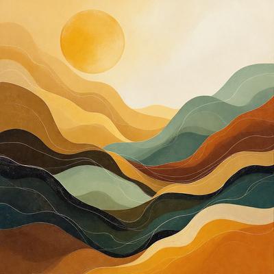 The primary subject of the image is a painting of a sunset over a mountain range. The setting is a mountainous landscape with a sun in the sky, creating a warm and serene atmosphere. The visual style is a painting, which adds a sense of depth and artistic expression to the scene. The colors and mood are predominantly warm and earthy tones, with the sunset providing a vibrant and captivating backdrop to the mountains.